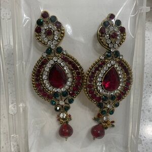 Brand New Gold Red, Green Dangle Earrings